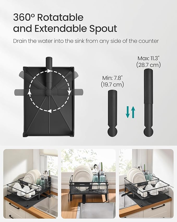 SONGMICS Dish Drying Rack, Kitchen Dish Rack, with Drainboard, 360° Rotatable and Extendable Spout, with Cutlery Holder, 12.2-22 x 16.5 x 7.9 Inches, Ink Black UKCS552B01