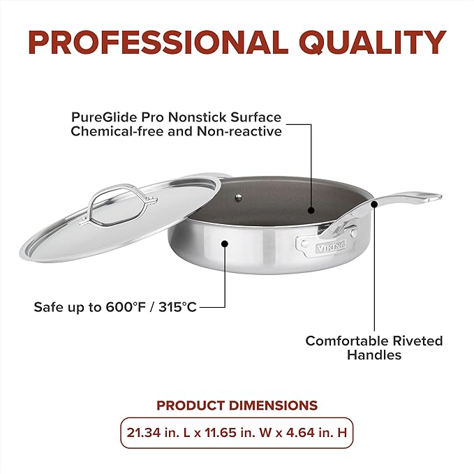 Viking PureGlide Pro 3-Ply Nonstick 4.5 Quart Sauté Pan with Lid and Helper Handle, Titanium Interior, Oven and Broiler Safe, Induction Ready