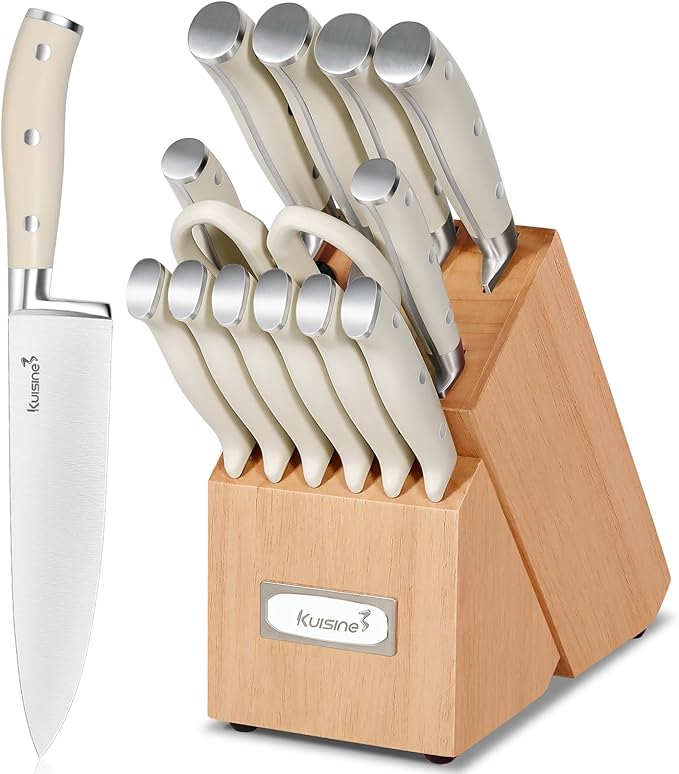 KUISINE Upgraded Knife Set High Carbon Stainless Steel Sharper Blade Ergonomic Handle,Knife Block Set with Built- in Sharpener(Ivory Pro Acacia,15PCS)