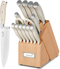 KUISINE Upgraded Knife Set High Carbon Stainless Steel Sharper Blade Ergonomic Handle,Knife Block Set with Built- in Sharpener(Ivory Pro Acacia,15PCS)