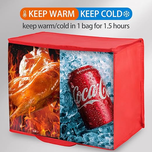 Bodaon 4-Pack Insulated Reusable Grocery Bag with Zippered Top, X-Large Cooler Bag for Picnic, Food Delivery Bags, Insulated Pizza Delivery Bags, Red