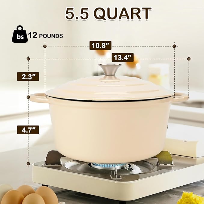 Enameled Cast Iron Dutch Oven Pot with Lid 5.5 Quart Enameled Dutch Oven with Dual Handle for Bread Baking, Braising, Stews, Roasting - Non-stick Cookware(White)