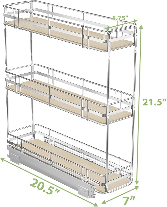 ROOMTEC 3-Tier Pull Out Cabinet Organizer Spice Rack for Narrow Cabinet 7" W x 20½" D, Slide Out Wood Shelves Storage for Kitchen
