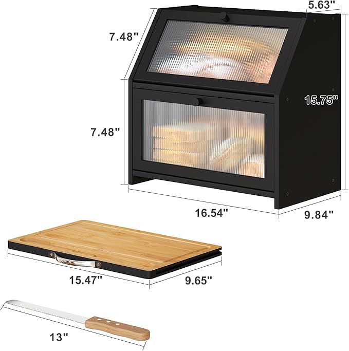 Extra Large Bread Box with Cutting Board Bamboo Wood Bread Box for Kitchen Counter, Double Layer Large Capacity Bread Storage Bin with Acrylic Wavy Door Panel (Black)