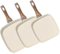 3 Pieces Nonstick Grill Pan Set – Square Griddle Pans with Wooden Handle, Compatible with All Stovetops, Perfect for Steak, BBQ, Vegetables (9.5", 10.2", 11") Ivory