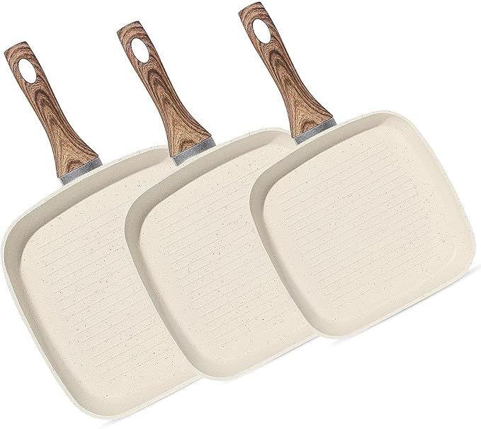 3 Pieces Nonstick Grill Pan Set – Square Griddle Pans with Wooden Handle, Compatible with All Stovetops, Perfect for Steak, BBQ, Vegetables (9.5", 10.2", 11") Ivory