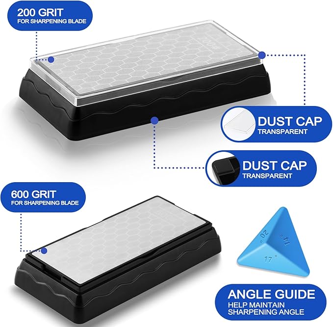 Double-sided Diamond Sharpening Stone,Knife Sharpening Stone with Extra Fine 600/Coarse 200 Grit Diamond Plate, Storage Case with Non-Slip Base & Angle Guide(7 x 3.5 Inch)
