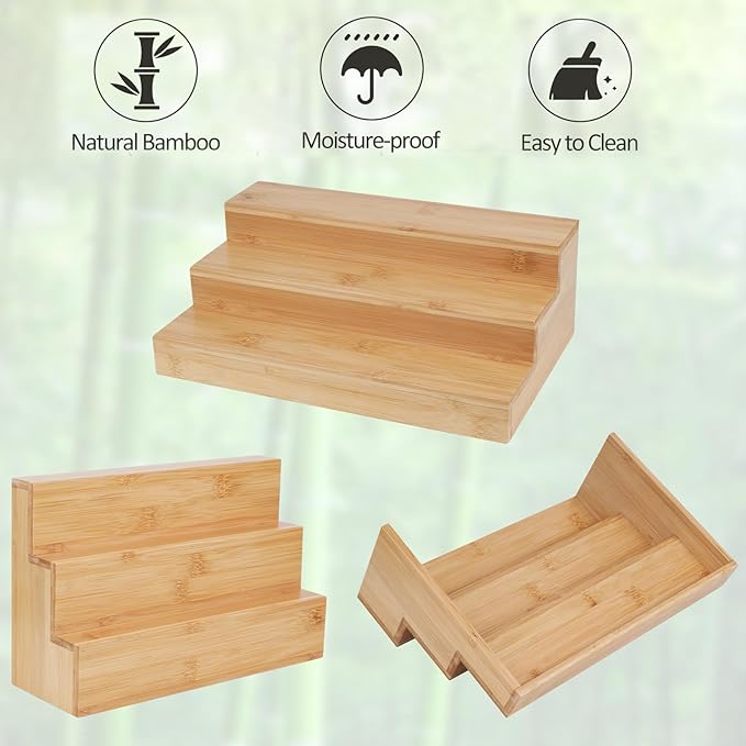 3 Tier Bamboo Spice Rack Organizer for Cabinet or Pantry, 2 Pack Wooden Spice Steps Riser for Spice Jars, Cans, and Bottles