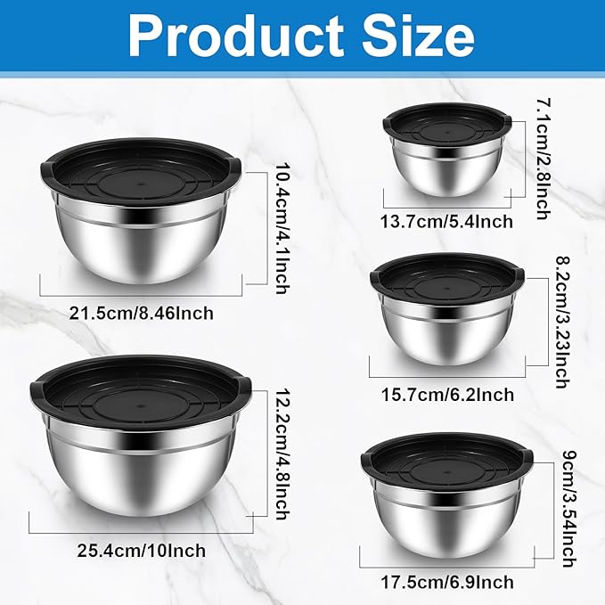 5 Pack Mixing Bowls with Lids, Stainless Steel Mixing Salad Bowls, Metal Nesting Bowl, Stackable Salad Serving Bowl for Kitchen Cooking Baking Prepping, Size 4.5, 2.5, 1.5, 1, 0.75QT, Black