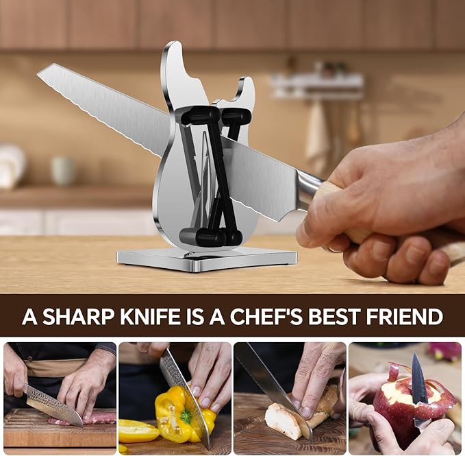 WWN Professional Knife Sharpener, Stainless Steel Sharpening Tool for Kitchen Knives with Self-Adjusting Angle, 3-Action Quick Edge Manual Sharpener with Straight Blade Knives for Chefs & Home Use
