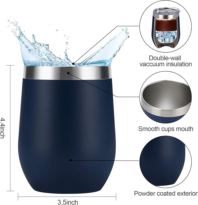 12 Pack Stainless Steel Wine Tumblers, 12Oz Double Wall Vacuum Insulated Wine Tumblers with Lids and Straws, Stainless Steel Stemless Wine Glasses for Coffee, Wine, Cocktails, Champaign, Navy Blue…