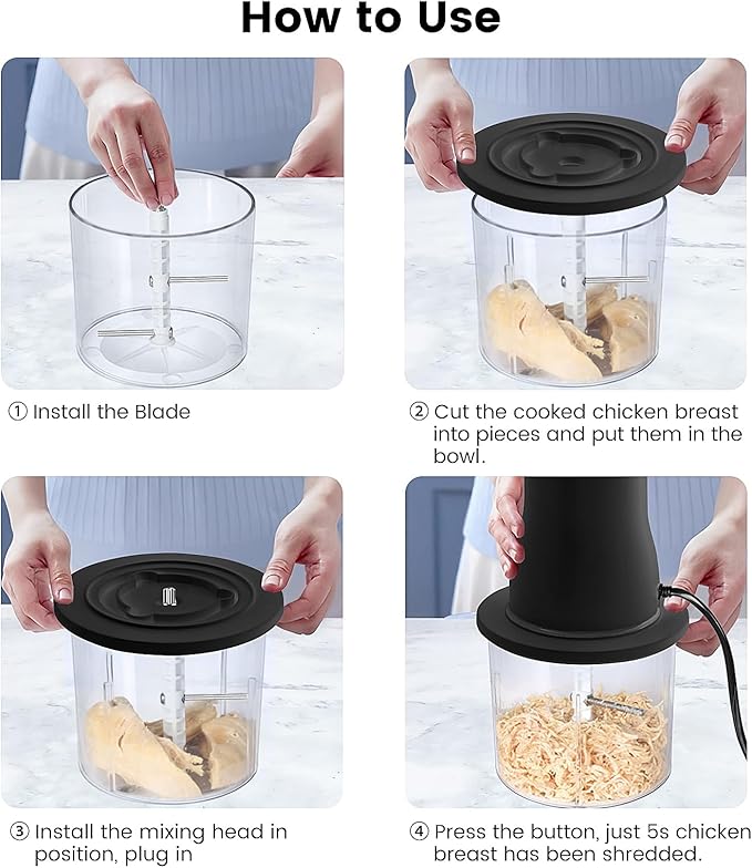 Electric Chicken Shredder, Automatic Food Chopper with Chicken Breast Shredder & Meat Grinder, 2 Sets of Blades for Chicken/Pork/fish/Vegetable/Baby Food (Black)