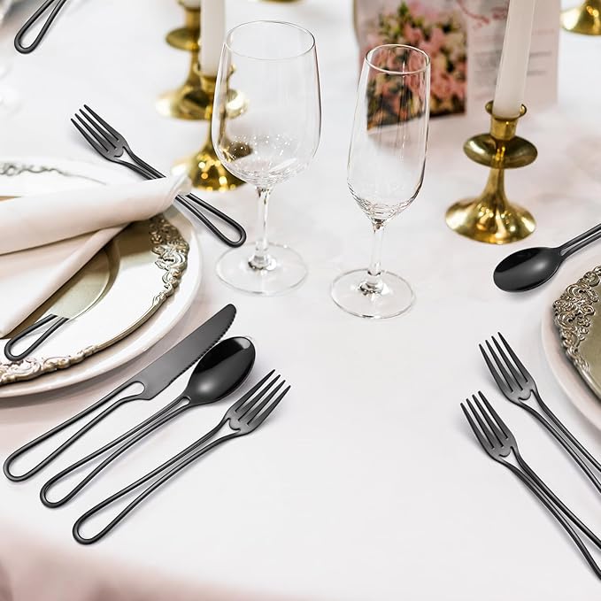 Black Silverware Hollow Flatware Set for 4 Stainless Steel Cutlery 20 Piece Hanging Forks Spoons and Knives Unique Eating Utensils for Home Restaurant Parties