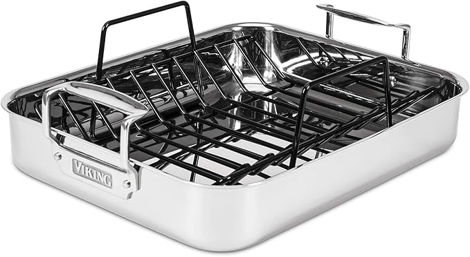 Viking 3-Ply Stainless Steel Roasting Pan with Non Stick Rack, 16 x 13 Inch Kitchen Cookware, Great for Turkey, Dishwasher and Oven Safe, Induction Ready, Silver