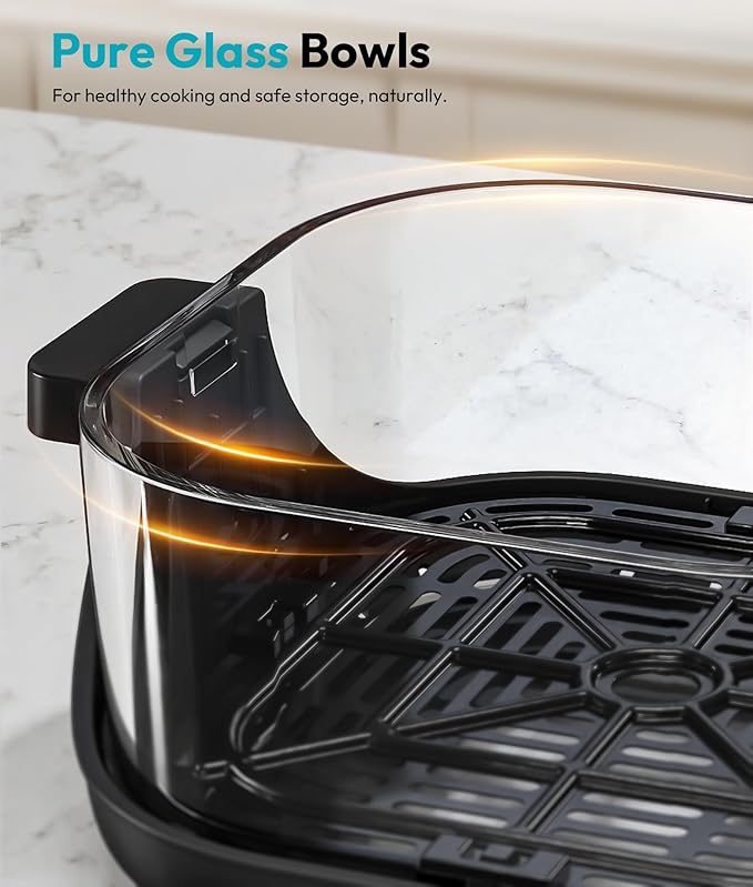 Portable Glass Air Fryer - 1500W, 4.2 QT & 6-Cup Dual Glass Containers with Lids, 4-in-1, 60 Min Timer, 140°F-400°F Adjustable, Microwave, Freezer & Dishwasher Safe, Grey
