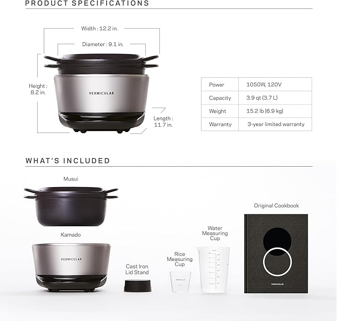 Vermicular Musui–Kamado (RICEPOT) | Cast Iron Induction Cooker | Precision Multicooker | Japanese Rice Cooker | Slow Cooker | Non-Toxic Enameled Cast Iron Pot | Sea Salt | US Model (120V)