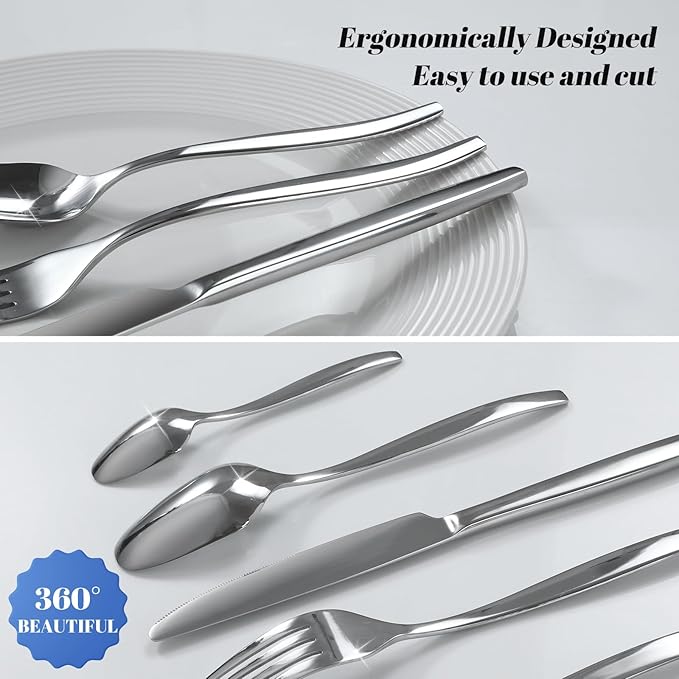 40-Piece Silverware Set,Stainless Steel Flatware Utensils Cutlery Set for 8,Including Steak Knife Fork and Spoon,Dishwasher Safe,Modern Tableware for Home & Dining