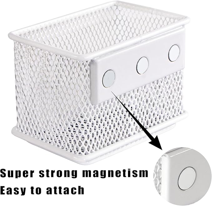White Magnetic Basket, 2 Pack Wire Mesh Magnetic Refrigerate Organizer, Magnetic Pencil Holder for Whiteboard, Magnetic Shelf Desktop Storage, 3.42'' x 2.36'' x 2.55''