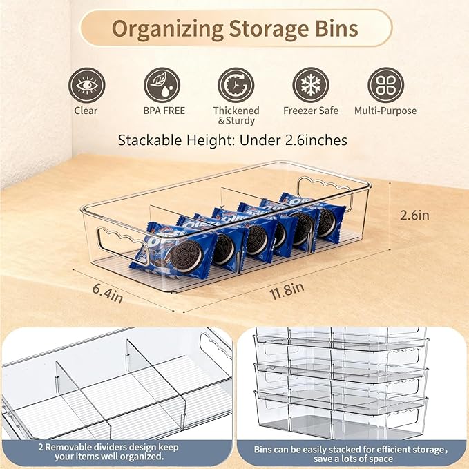 Clear Plastic Food Storage Organizer Bins,8 Pack Pantry Organizations and Storage Bins with Removable Dividers, Stackable Refrigerator Organizer Bins Fridge Organizers Kitchen Cabinet Organizers