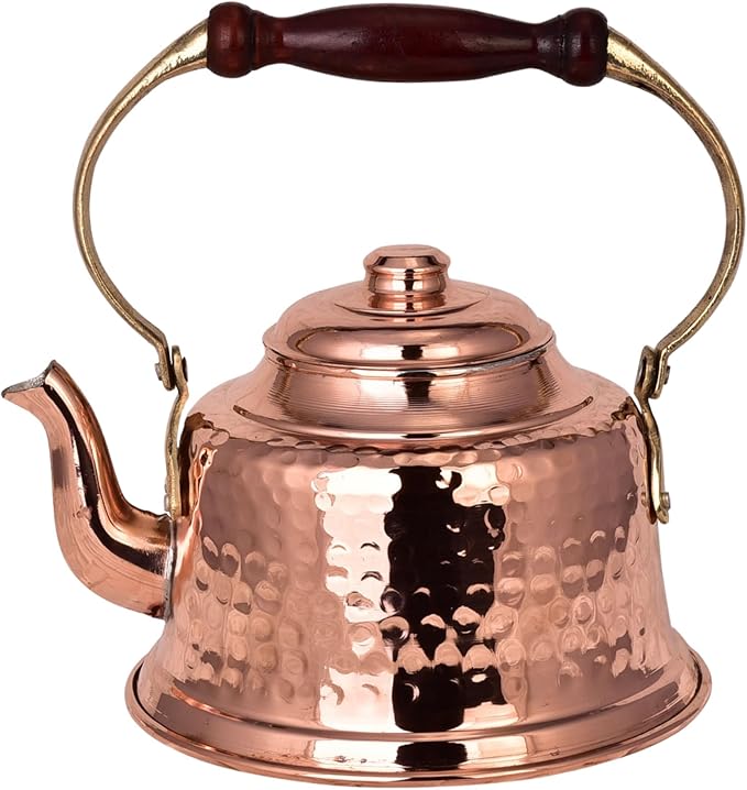 Handcrafted Turkish Copper Teapot with Wooden Handle – 1.3L Hammered Traditional Kettle for Tea, Herbal Infusions, Decorative Use (Maras Teapot)