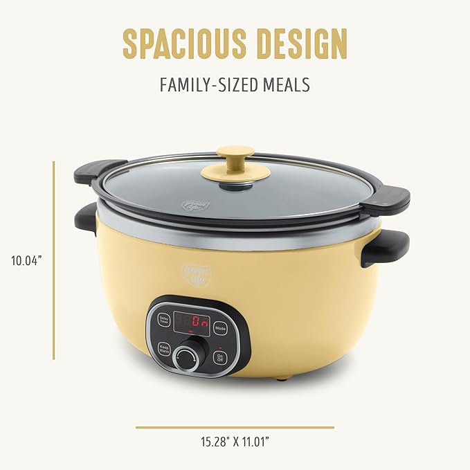 GreenLife 6QT Slow Cooker, Non-Toxic PFAS-Free Ceramic Nonstick Removable Interior Bowl, Programmable, Family Friendly, Keep Warm, Stovetop & Oven Safe, Dishwasher Safe Crock, Timer, Glass Lid, Yellow