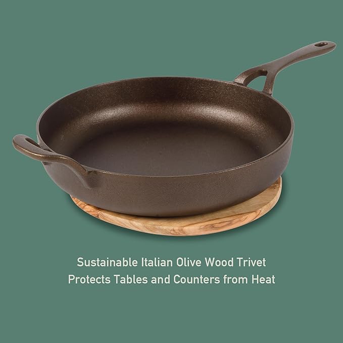 Bloomhouse - Two Time Oprah's Favorite Things Winner - Natural Bronze Finish 10" Cast Iron Skillet w/Long Handle, Helper Handle & Olive Wood Trivet – Olive Oil Treated Fry Pan, Oven & Stovetop Safe