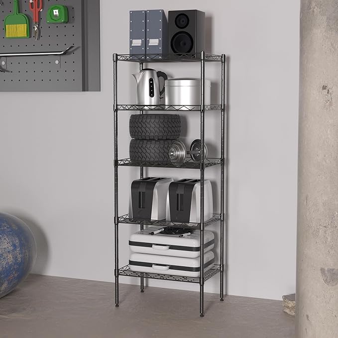 5-Shelf Storage Shelves Metal Shelving Unit NSF Garage Storage Rack Adjustable Wire Shelves Organizer for Kitchen Closet Basement, 750 Lbs Capacity, 16.7" L × 11.8" W × 47.6" H, Black