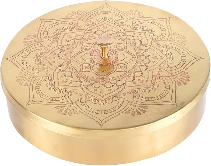 Brass Round Spice Box Masala Dabba-Spice Box Set With Spoon Container 90 ML Indian Masaladanni for Kitchen Counter With Spoon (Floral, 7 Inch)