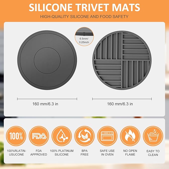 Trivets for Hot Dishes 6 Pack Kitchen Heat Resistant Pot Holders Non Slip Multipurpose Kitchen Accessories Silicone Mat Hot Pads (Gray)