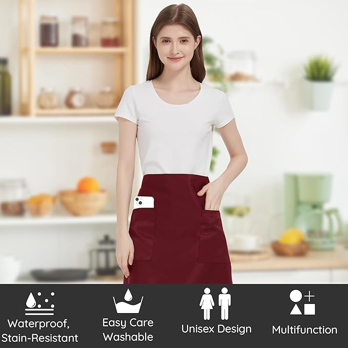 3 Pack Waist Apron with 3 Pockets, Unisex Black Waiter Aprons, Water Resistant Server Aprons for Restaurant Chef Bar