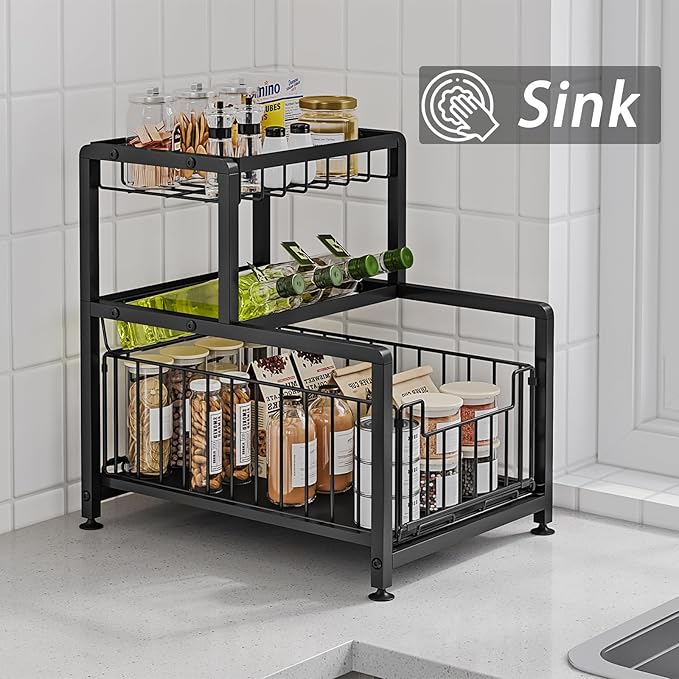 Pull Out Spice Rack Organizer for Cabinet Kitchen Storage Shelf Slide Out Drawer Counter Shelves Slip-Resistant Design for Jars and Bottles Space-Saving (Black, 3Tier)