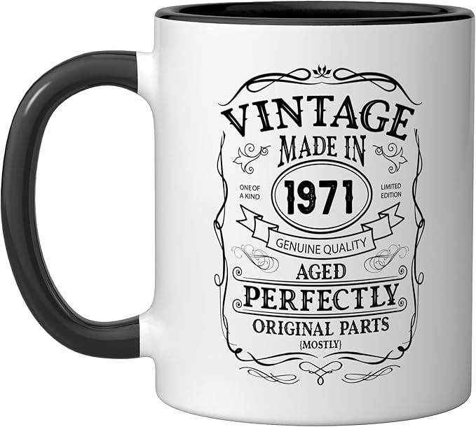 54th birthday, retro Vintage Design, man, woman 1971 Ceramic Mug, Black/White