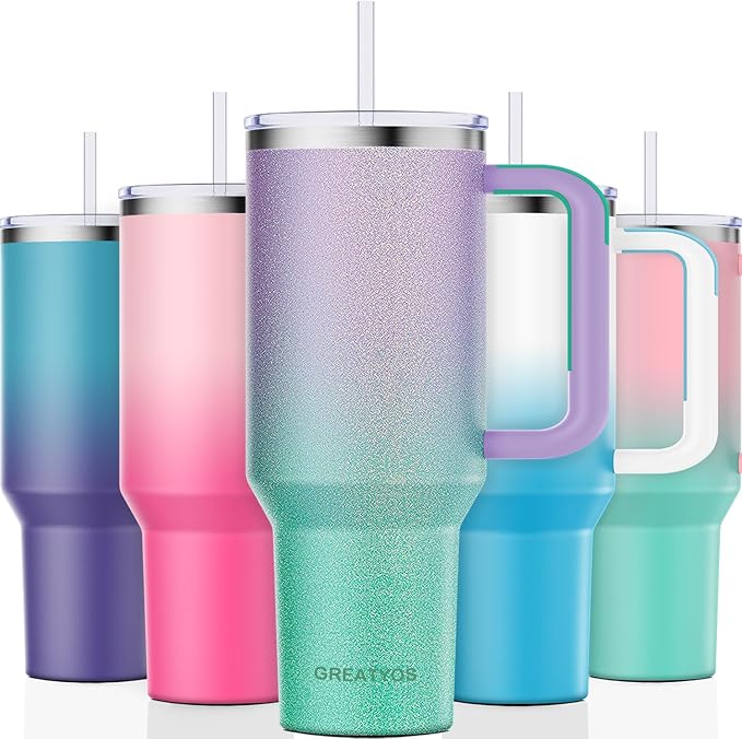 40 oz Tumbler with Handle and Straw Lid Insulated Tumblers Cups with Lids Straws Double Wall Vacuum Leak Proof Stainless Steel 40oz Tumbler Travel Mug Gifts for Men Women Him Her (Glitter)