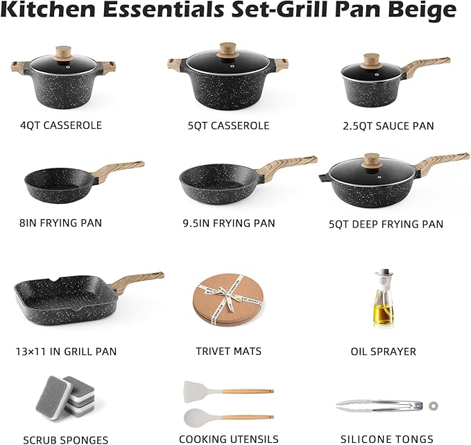 Caannasweis Pots and Pans Set, Nonstick Kitchen Cookware Sets, Granite Pot and Pan, Cooking Pans Pots Set (Classic Black, 20 Piece Cookware set)