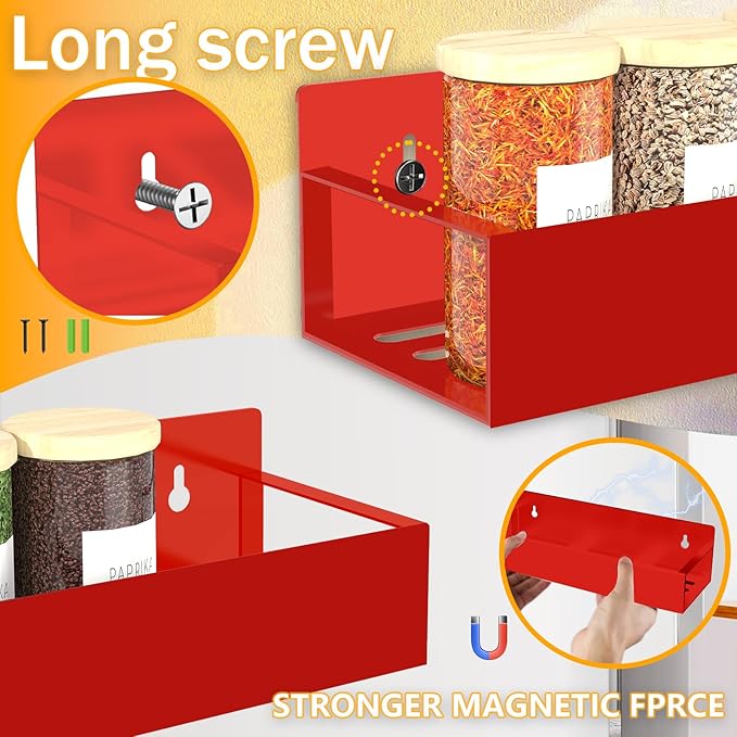 Magnetic Spice Rack Organizer for Fridge Seasoning Organizer for Kitchen storage with Screw Magnetic Shelf for Refrigerator and Oven (6pack-Red)