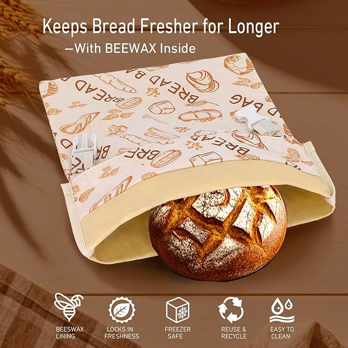 1pcs Reusable Beeswax Food Wraps Bread Bags for Homemade Bread Loaf, Food Storage Containers, Organic Cotton XL Sourdough Beeswax Bread Bag Supplies Sandwich Wrapper, Sustainable, Fresh Keeping