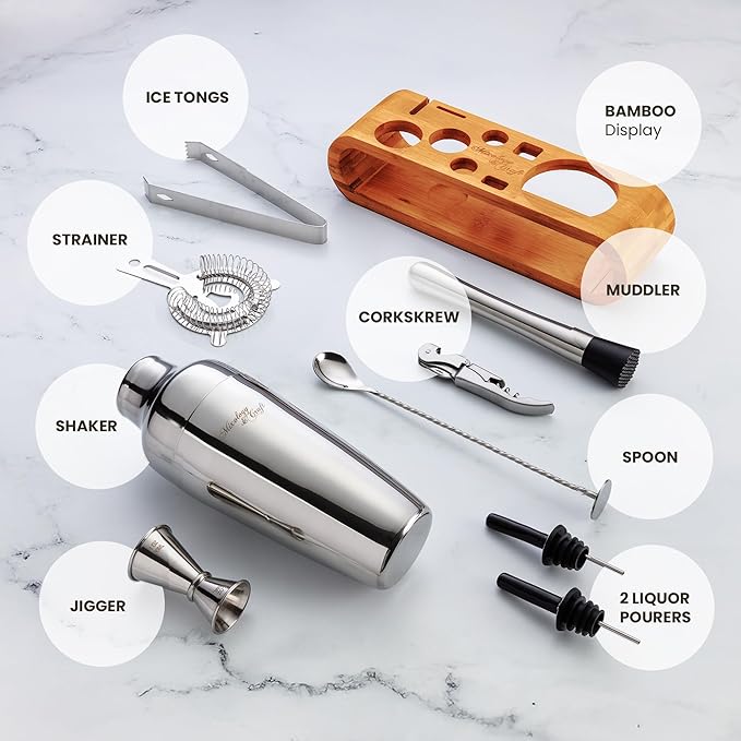 Mixology Bartender Kit: 10-Piece Bar Tool Set with Bamboo Stand | Perfect Home Bartending Kit and Martini Cocktail Shaker Set for a Perfect Drink Mixing Experience | Fun Housewarming Gift (Silver)