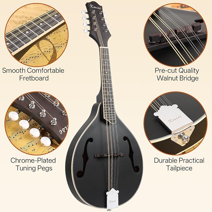 Mandolin Instrument A Style, Acoustic Mandolins Instrument Kit 8 String with Tuner Strap Gig Bag Chord Chart for Professional Beginners Adults Teens Youth Kid(A Style Acoustic Black, 8 String)