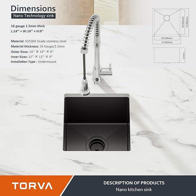 TORVA 14 x 14 Inch Gloss Black Undermount Kitchen Sink, PVD Coated Gunmetal Bar Sink，16 Gauge T-304 Stainless Steel Single Bowl Wet Bar or Prep Sinks with Zero-Radius Corners, Dark Grey