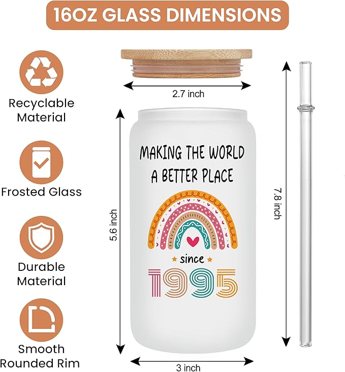Vivulla68 30th Birthday Gifts For Women Men - 30 Year Old Gifts For Her Him - Thirty Birthday Ideas For Sister, Wife, Friend - 1995 Birthday Gift - 30th Frosted Glass Cup With Lid And Straw