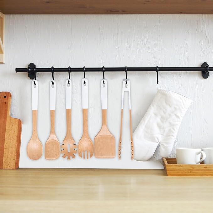 Wooden Spoons For Cooking, 6 PCS Natural Beech Wooden Cooking Utensils, Smooth Grip Wood Cooking Spoons with Hanging Hole, Non-Stick Wooden Utensil Set for Kitchen Essentials, White