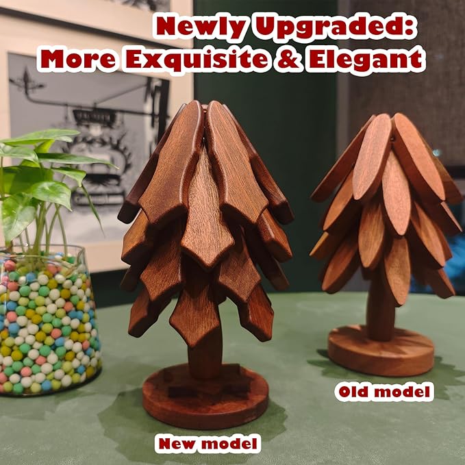 Tree Trivet Set - 4 Pcs Walnut Wooden Trivets with Stand, Foldable Christmas Tree Hot Pot Holders | Snowflake Unfold Design, Effective Heat Insulation