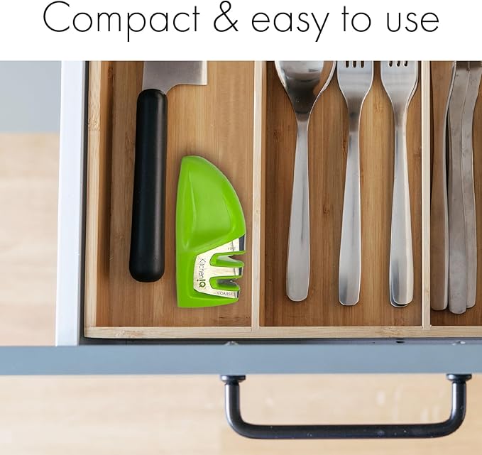 KitchenIQ 50881 - Edge Grip 2-Stage Knife Sharpener - Green - Coarse & Fine Sharpeners -Compact for Easy Storage - Stable Non-Slip Base - Soft Grip Rubber Handle - Straight & Serrated Knives