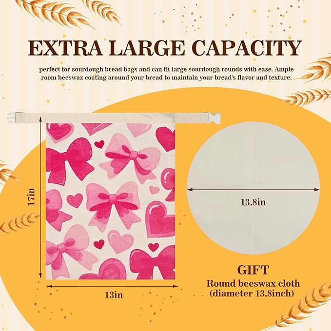 Beeswax Bread Bags for Sourdough 2 Pack 13"x17" Eco-Friendly Reusable Linen Cotton Storage Bags with Zipper Closure for Homemade Bread Fresh-Keeping, Freezer-Safe (Heart bow)