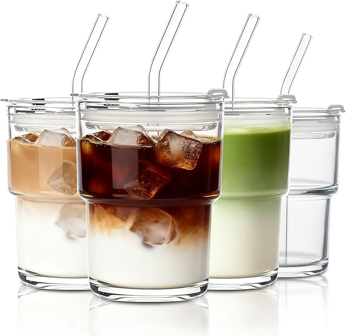 INSETLAN 13oz Portable Glass Tumblers Set of 4, Thick Wall Glass Cups with Lid and Glass Straw, On-the-Go Coffee Cups for Iced Coffee, Tea, Milk, Hot & Cold Drinks, Travel & Daily Use