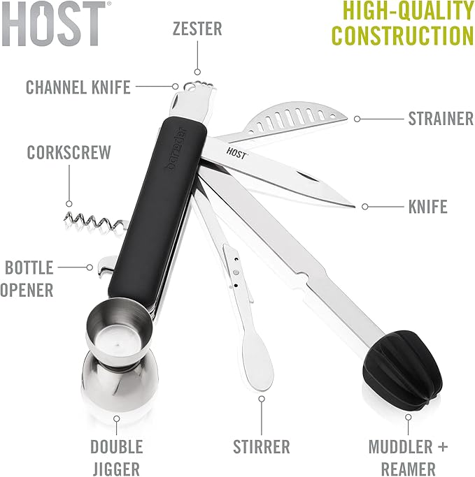 HOST All in One Bartender Multitool Set, 10 in 1 Bar Tool with Strainer, Muddler, Reamer, Jigger, Stirrer, Zester, Corkscrew, Opener, Knife and Channel Knife for Camping, Travel and Outdoor Use
