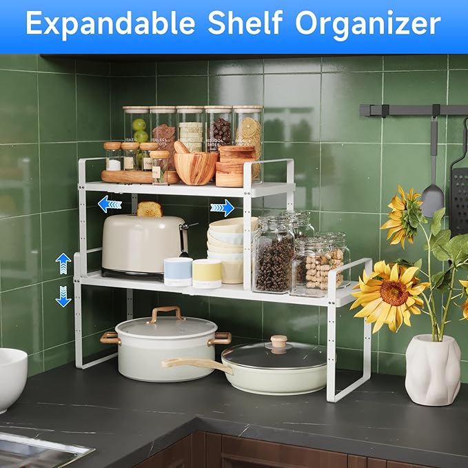 Expandable Cabinet Shelf Organizer, Stackable Kitchen Pantry Counter Storage, Adjustable Closet Cupboard Stand Rack Risers Spice Organization 80LBS Heavy Duty White Small 1 Pack
