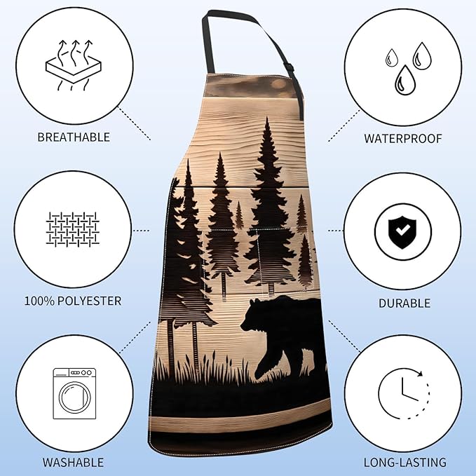 Rustic Bear Apron for Women with Pine Tree,28x33in,Nature Kitchen Aprons with 2 Pockets,Oxford Fabric,Woodland Adjustable Apron for Cooking Baking Gardening Chef,Gifts for Mom Wife