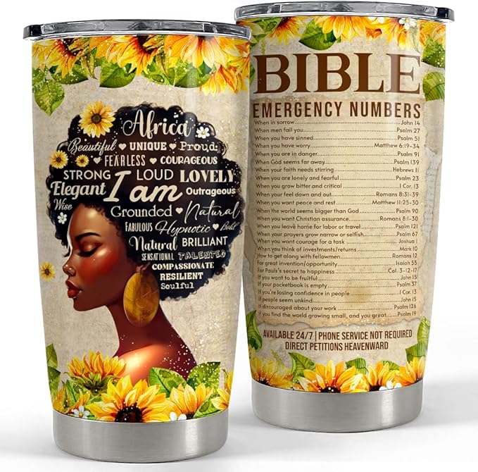 SANDJEST Christian Gift for Women Bible Tumbler 20oz Stainless Steel Insulated Tumblers Coffee Travel Mug Cup for Black Woman Religious Gifts for Birthday Christmas