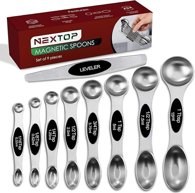 Nextop Stainless Steel Magnetic Measuring Spoons Set – 9 Pieces Dual-Sided Stackable Magnetic Teaspoons and Tablespoons for Dry & Liquid Ingredients – Kitchen Gadgets for Baking & Cooking – Black